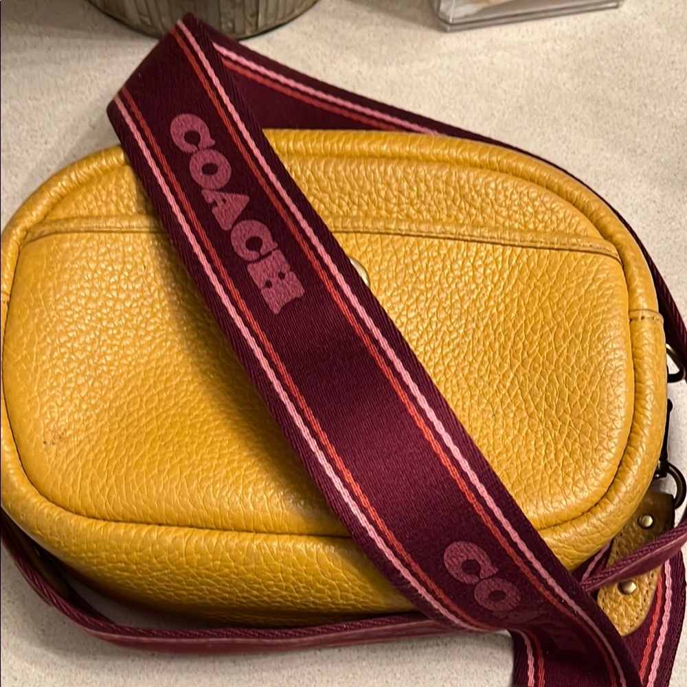 Coach Yellow Crossbody Bag with Burgundy Strap